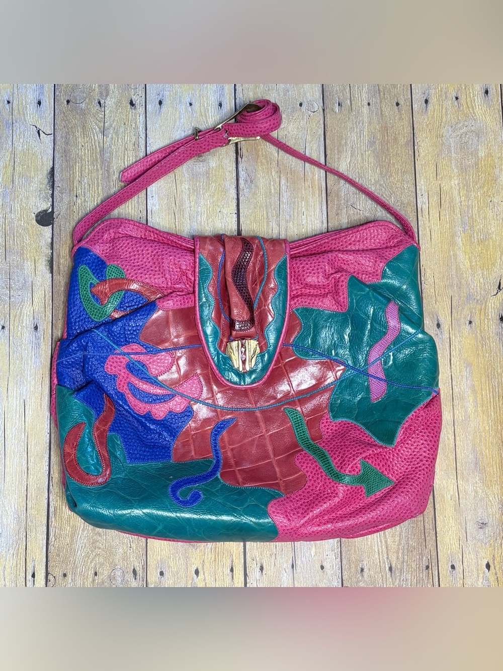 Multi-Color Leather Patchwork Shoulder Bag - Pink & Teal